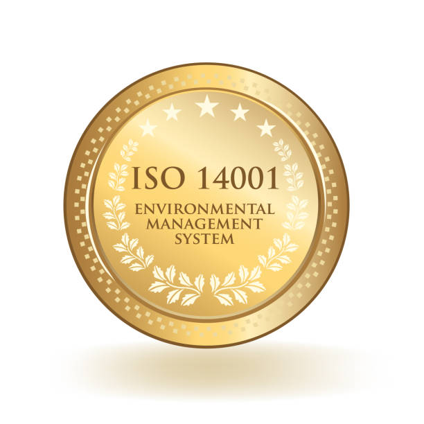 ISO 14001 environmental management system standard gold certified badge isolated.