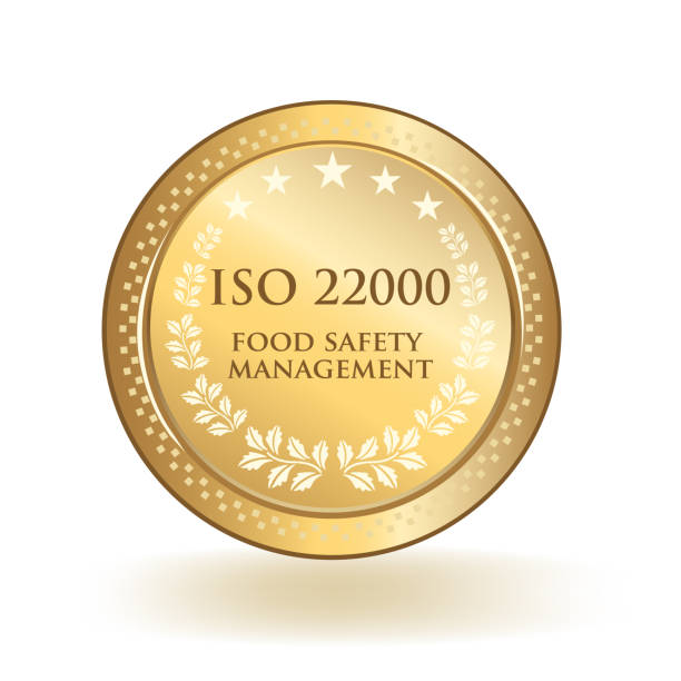 ISO 22000 food safety management standard gold certified badge isolated.