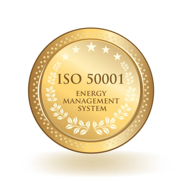 ISO 50001 energy management system standard gold certified badge isolated.
